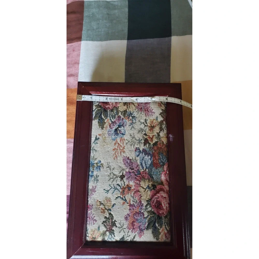 Vintage Wooden Jewelry Box Floral Tapestry Inlay Mahogany Finish Keepsake Chest